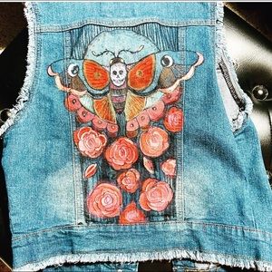 Hand painted denim vest, moth and roses